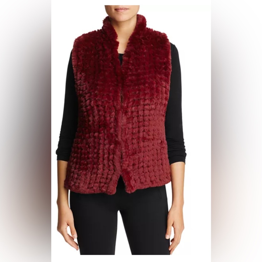 Burgundy Faux Fur Scalloped Textured Vest Stand Collar Wine Red‎ Style #25